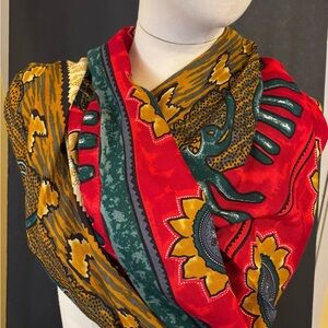Red and Green Patterned Scarf With Elephants 64x44 Cape Head or Shoulder Wrap.